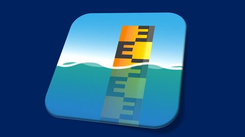 Das Symbol der meine Pegel App ist zu sehen. Das Symbol besteht aus einer gelben Pegellatte, welche zur Hälfte im Wasser steht. 